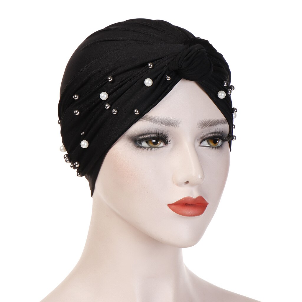 Turbante musulmán de ante para mujer, gorro con perlas de terciopelo, turbante indio, diadema para invierno: Black