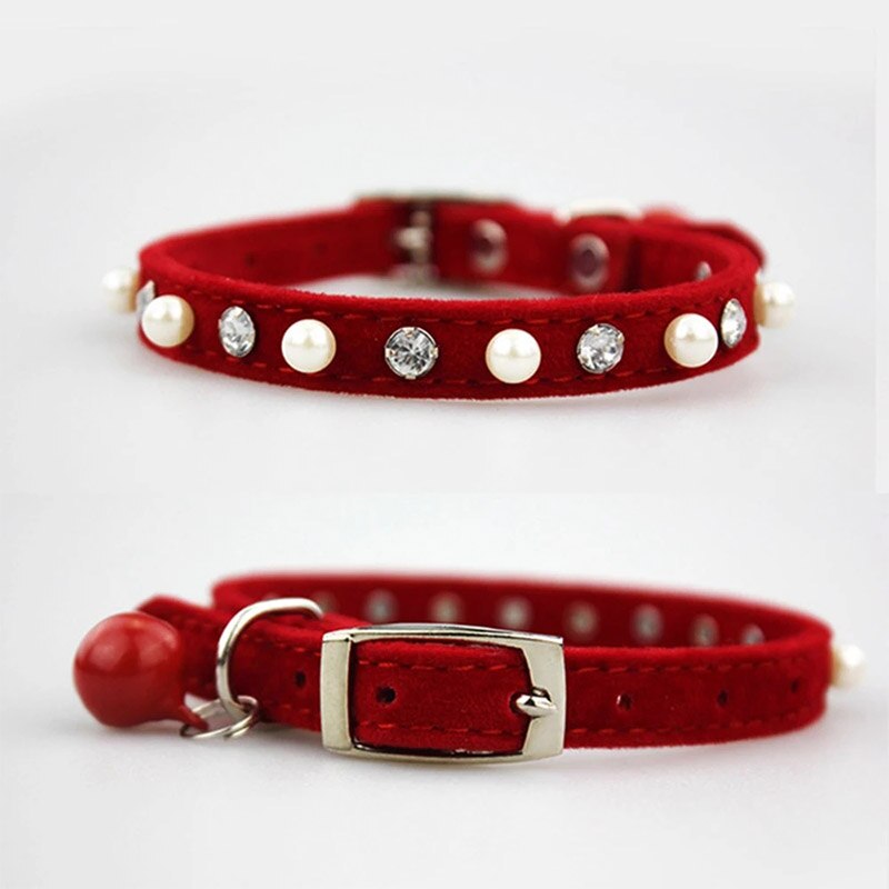 Adjustable Pet Cat Collar With Bell Diamond Pearl Retractable Necklace Kitten Dog Collar Neck Strap Cat Accessories Pet Supplies: Red