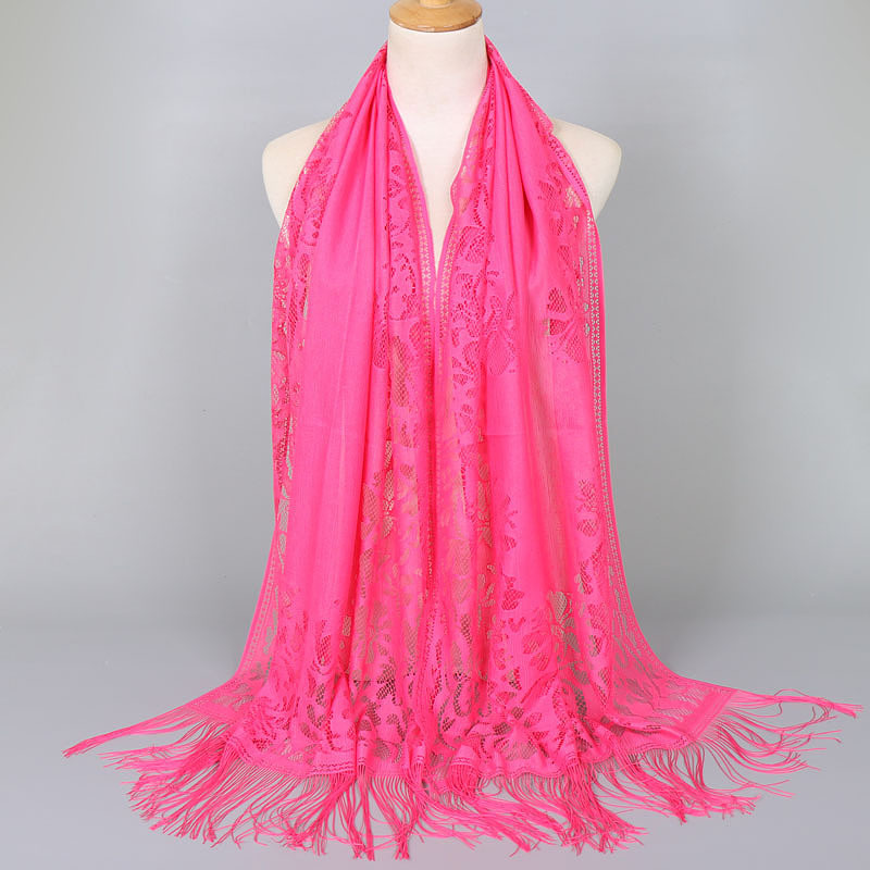 Hollow Out Flower Lace Hijab Sjaal Vrouwen Effen Kleur Vlakte Moslim Hoofd Haar Sjaals Wraps Winter Wit Zwart Rood: Rose Rood
