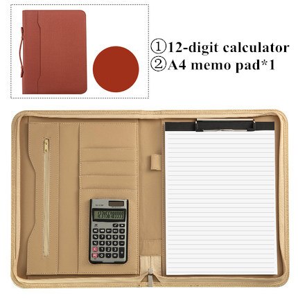A4 Zipper Padfolio Portable File Bag Luxury Folder With Calculator Organizer Memo Pads Business Manager Briefcase Stationery: C Brown