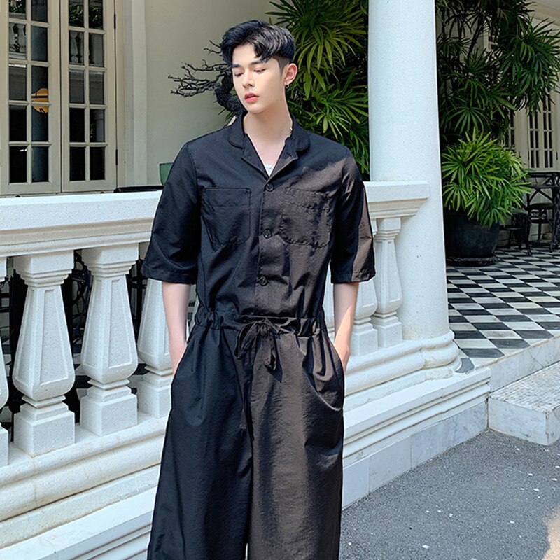 Traje holgado de para hombre, mono delgado de cintura alta, mono japonés de tendencia retro de manga corta, mono de pierna ancha de una pieza para verano