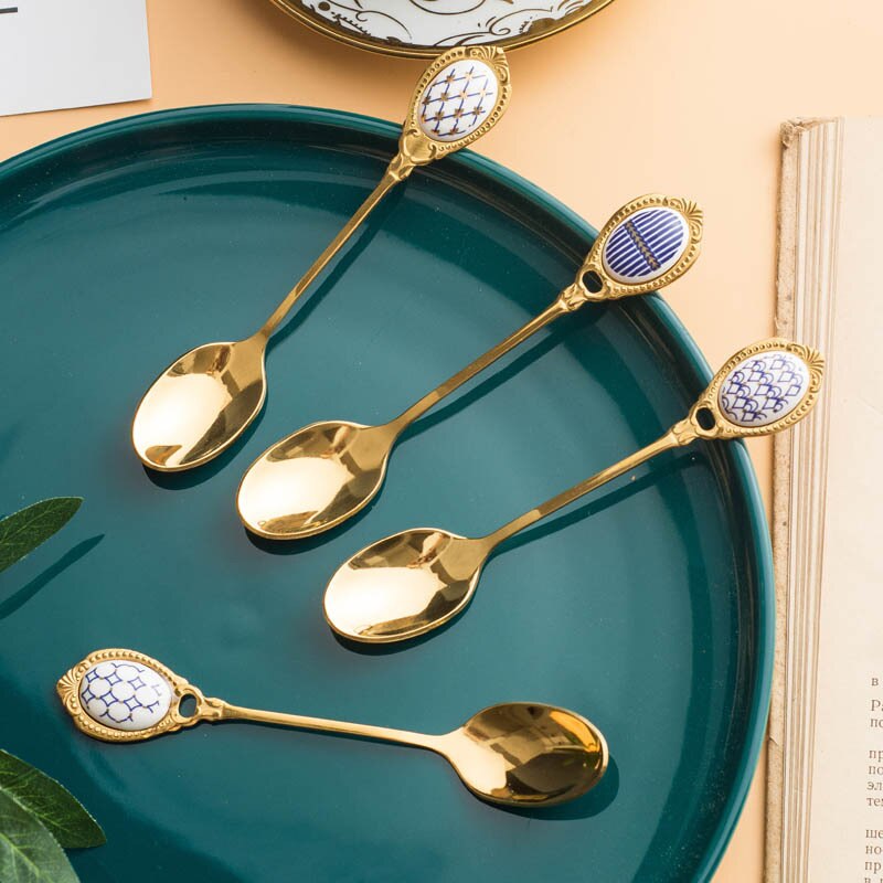 Stainless Steel Golden Coffee Milk Spoon Stirring Spoon Elegent Ceramic Dessert Honey Spoons