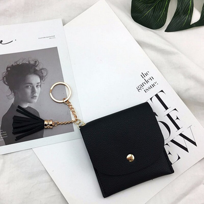 Geldbörsen Frauen Geldbörse Damen Pu Leder Quaste & Metall Ring Kupplung Keychain Dünne Schlüssel Tasche Karte Halfter Mini Beutel: Schwarz