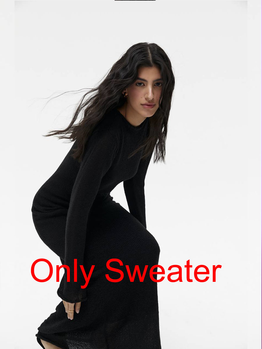 Forår efterår o-hals elastisk strik lange kjoler kvinder chic blød dame udhulende sweaterkjoler femme: Sort