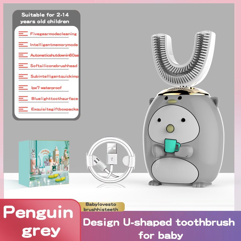 Intelligente 360-Graden Elektrische U-Vormige Tandenborstels Voor Kinderen Bevatten Automatische Ultrasone Tanden Ceaning En Whitening Auto: Little grey penguin