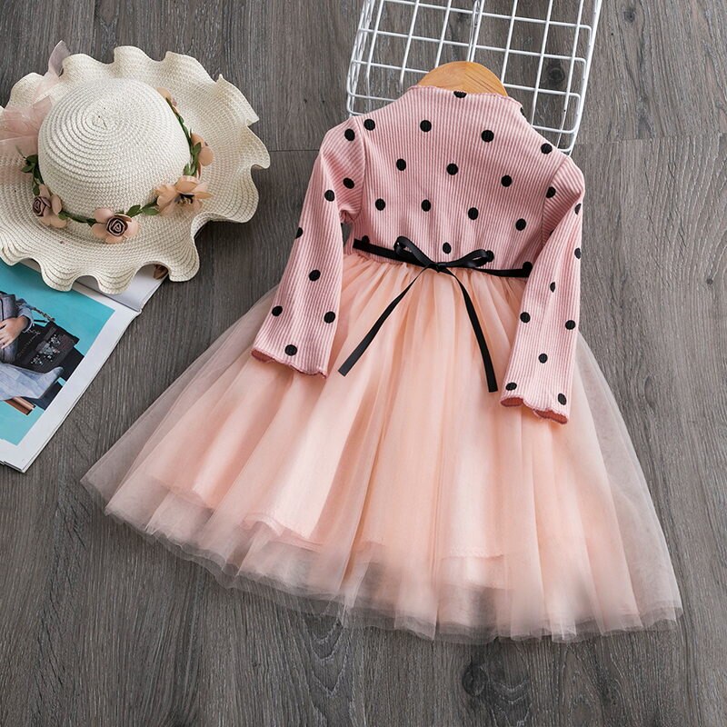 Girls Autumn Winter Long Sleeve Dress Polka Dot Dress Princess Baby Dress Toddler Cute Dress for Kids Tutu Long Sleeve Dress