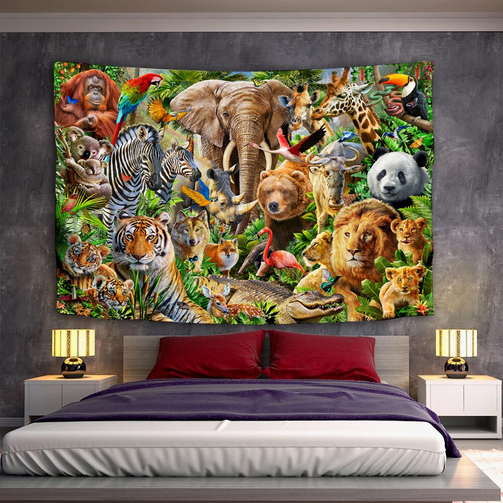 Forest Animal World Tapestry Tiger Lion Elephant Deer Koala Panda Tropical Rainforest Wall Hanging Tapestries for Bedroom Yoga