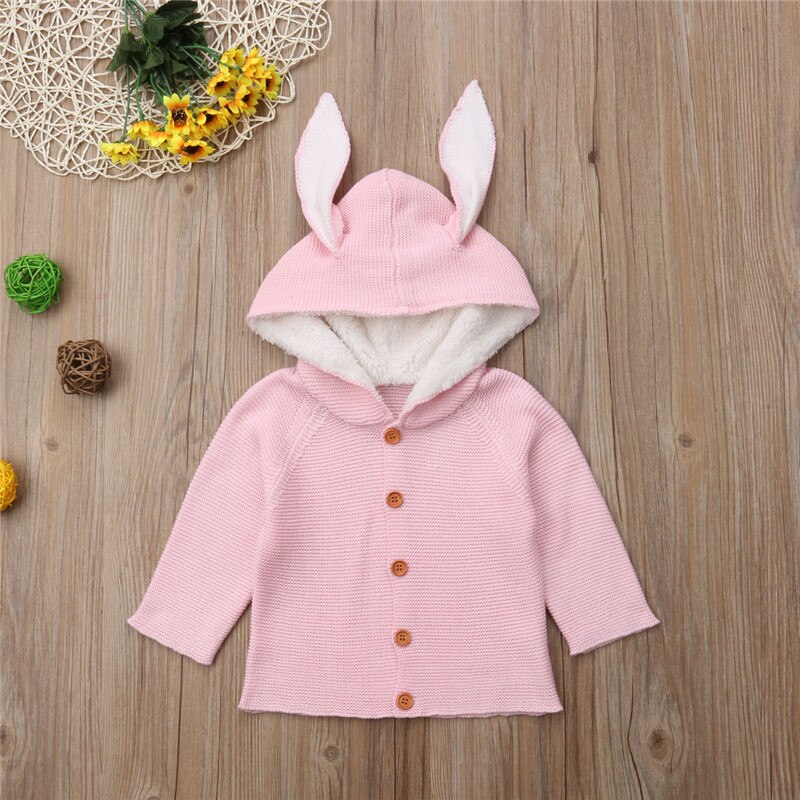Nyfødt sød baby pige dreng strik trøje 3d kanin øre hætteklædte cardigan overtøj tøj tøj langærmet varm bomuldstøj