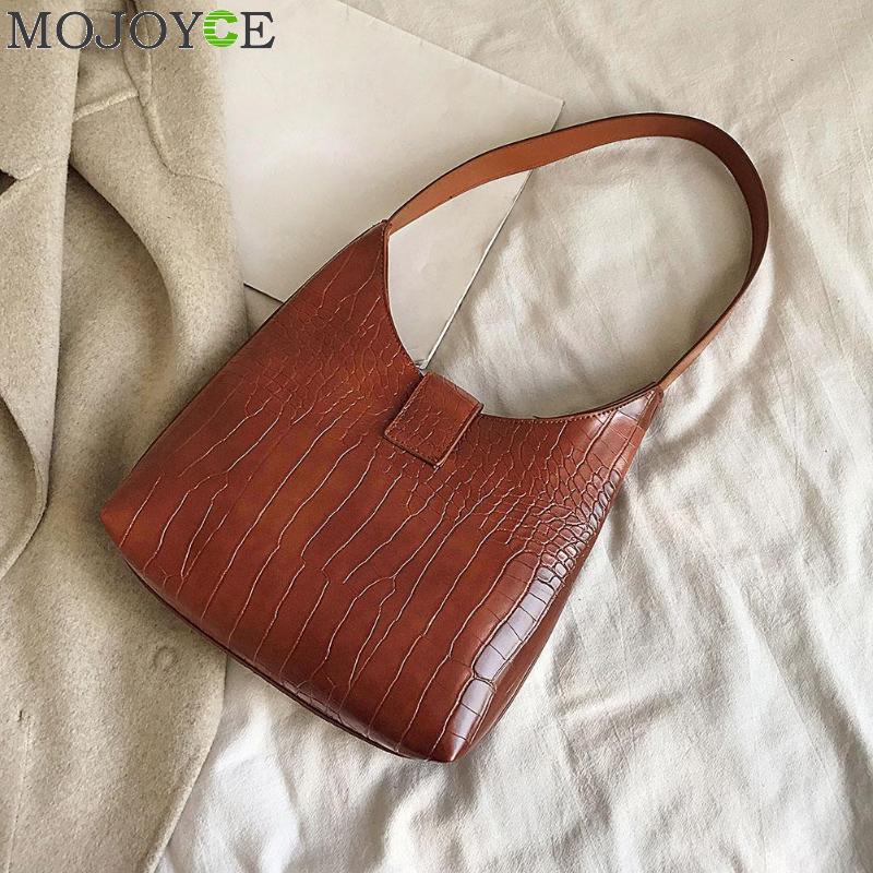 Women Retro Crocodile PU Leather Handbags Solid Color Shoulder Bag Simple Shopping Totes