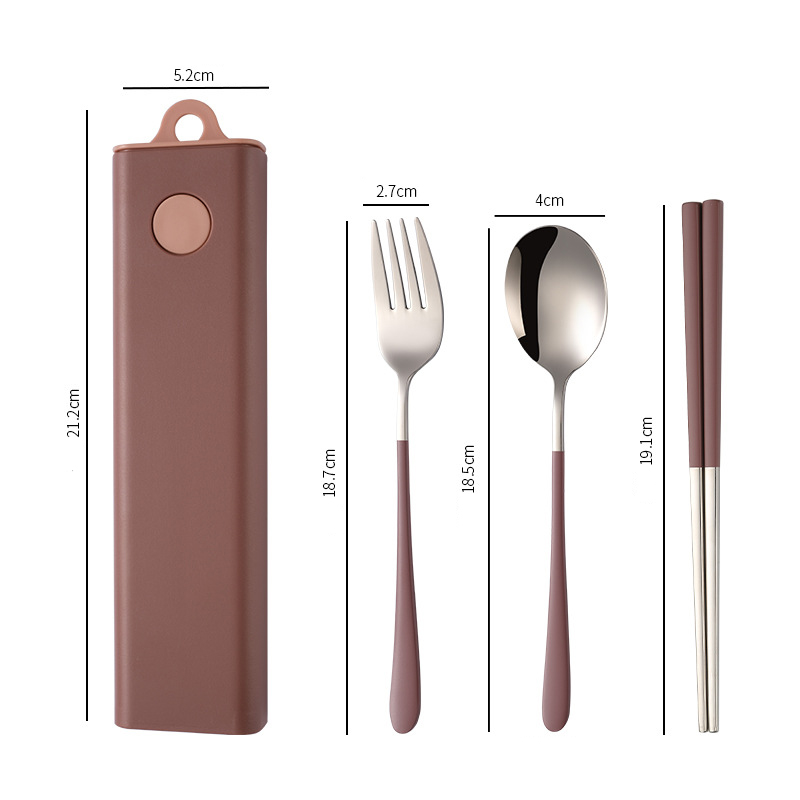 Portable Travel Cutlery Set With Case Stainless Steel Spoon Fork Chopsticks Tableware: B-Brown