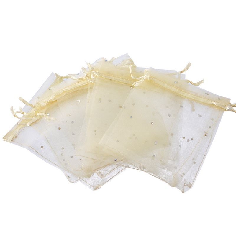 50PCs Licht Beige Pailletten Organza Bag XMAS Candy Bags Organisator Voor Sieraden Tassen Voor Verpakking EEN