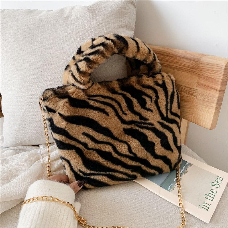 Women Winter Faux Fur Shoulder Bag Handbag lady Leopard print Handbag Female Party Small Girls Tote Bag Christmas