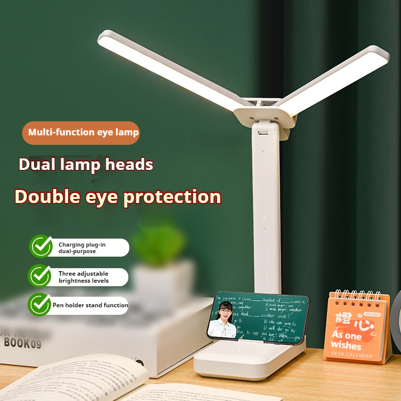 Lâmpada de mesa LED de cabeça dupla, luz noturna de toque regulável de 3 níveis, recarregável por USB, proteção para os olhos, mesa de leitura de cabeceira dobrável