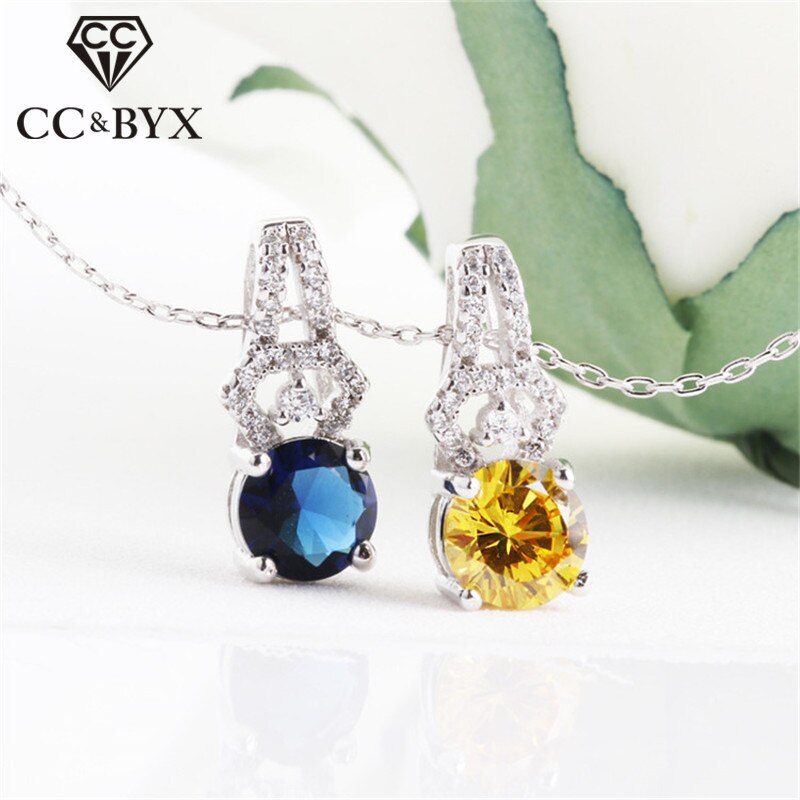 CC Trendy Jewelry Necklaces Pendants For Women Silver 925 Cubic Zirconia Round Blue/Yellow Stone Bijoux Femme No Chain CCN259