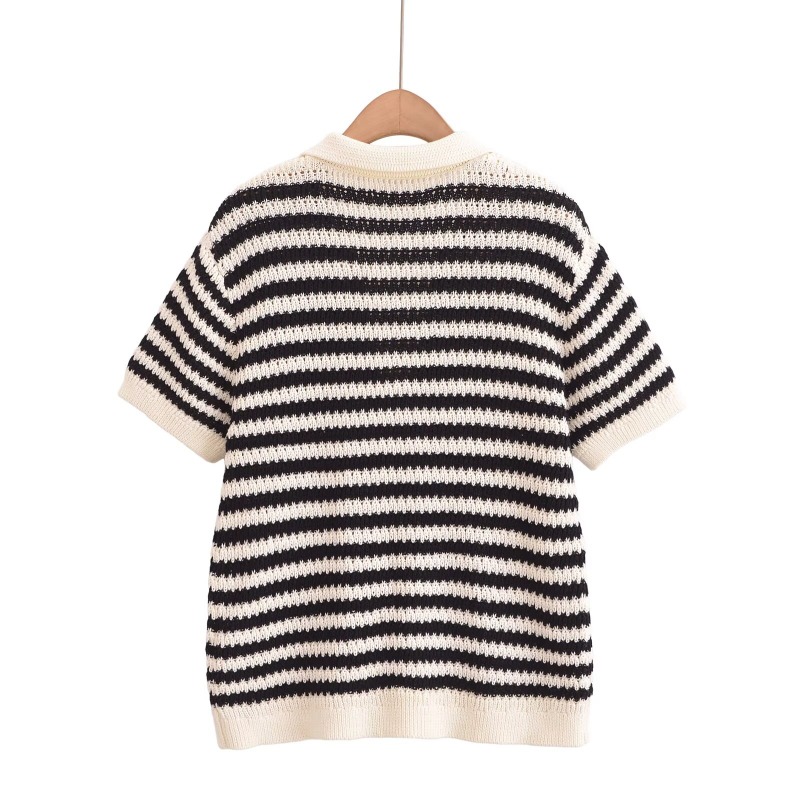 TRAFZR 2025, gestreiftes Strick-Baumwoll-T-Shirt für Damen, Polo-Kragen, kurzärmelig, lässig, Frühling, Sommer, Alltag, Straße, Wochenendkleidung