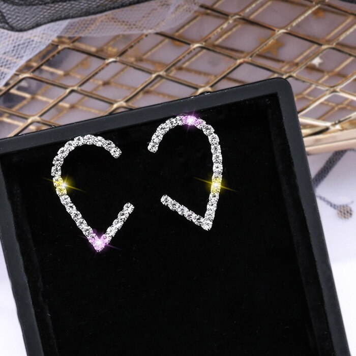 Semplice moda coreana piccoli orecchini donna cuore strass ufficio carriera brillante orecchio chiodo gioielli regalo di fascino: Argento placcato