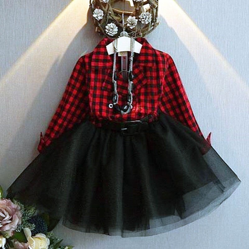 Children Girls Dress For Girls Red Plaid Long Sleeve Patchwork Tutu Dresses Princess Pageant Vestido Outfit Kids Clothes: 3T
