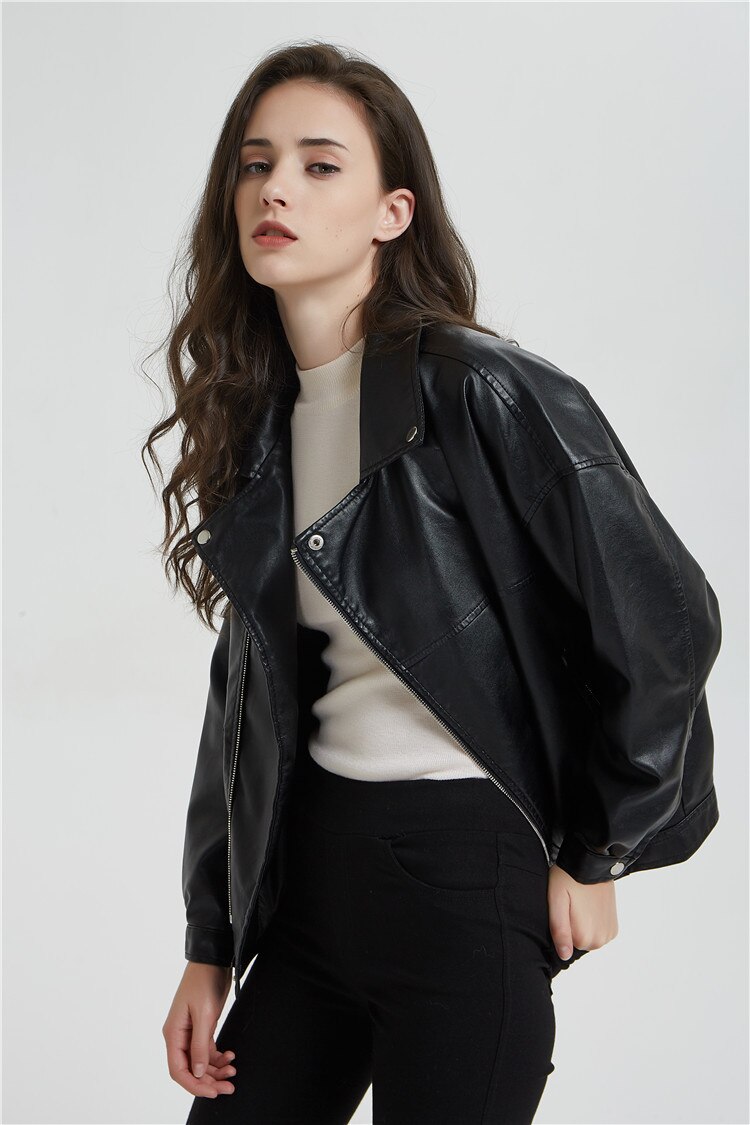 Long Sleeve Zip-up Jacket Female Autumn Leather Jacket Oversized Faux Leather Woman Coat: M