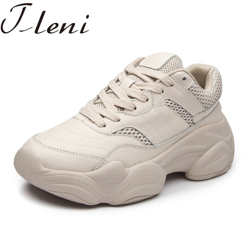 leather sports shoes female autumn breathable running shoes ladies white beige sneakers women ZQ-90