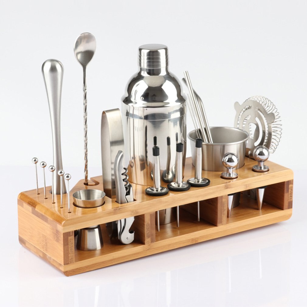 23Pcs Rvs Cocktail Shaker Set Bar Kit Met Vierkante Houten Rek Voor Barman Drinken Party Bar Gereedschap