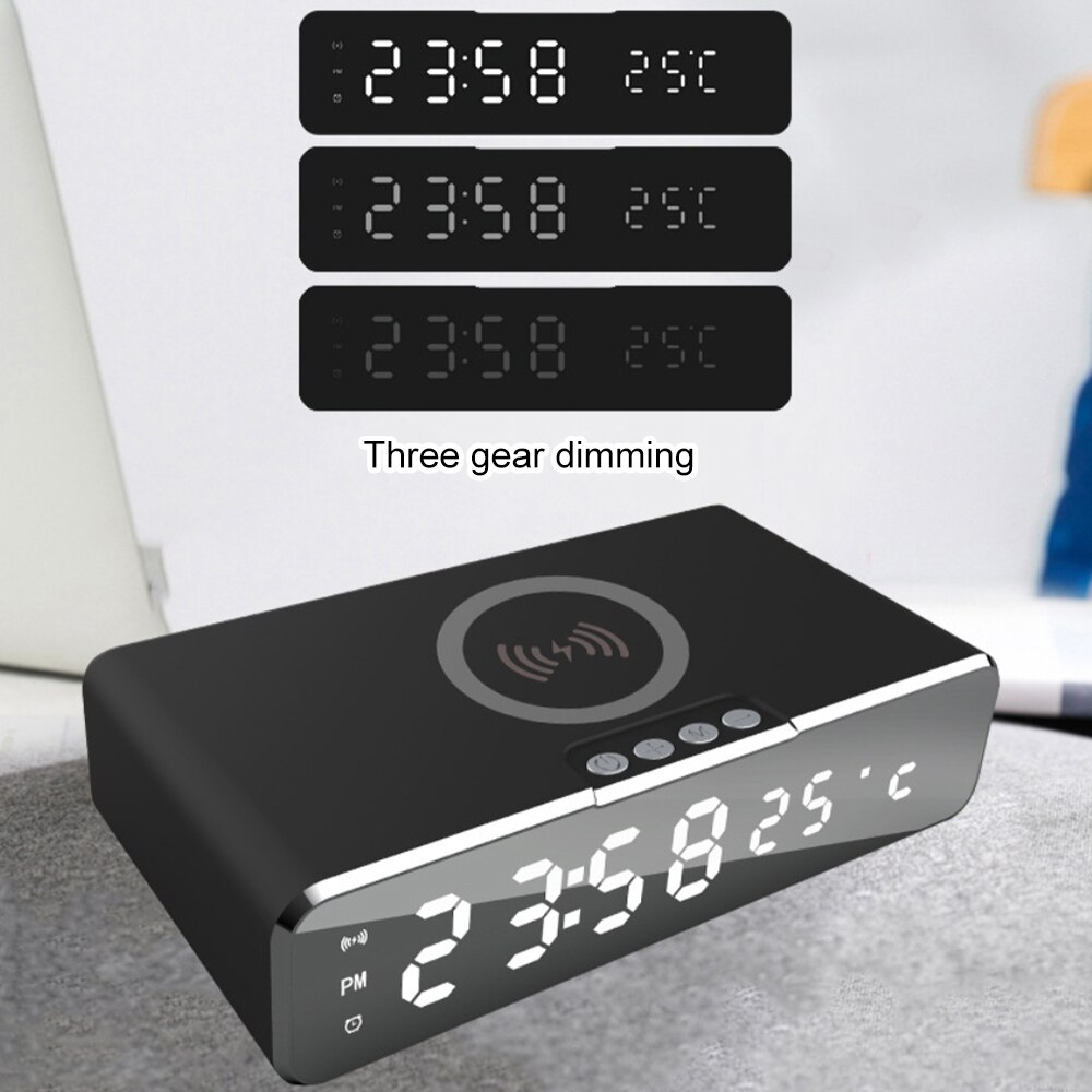 2in 1 LED Alarm Clock Mobile Phone Wireless Charger Digital Temperature Display Bedside Table Clock