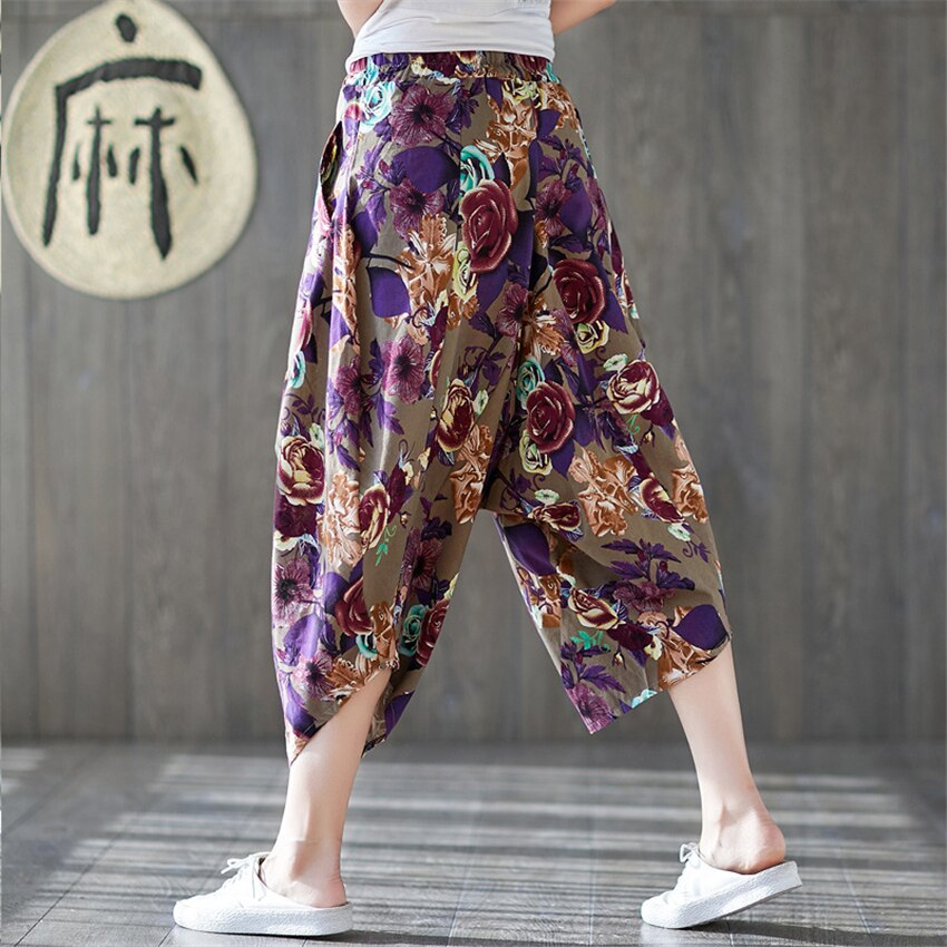 Pantalones de lino y algodón con estampado Floral para mujer, pantalón holgado de pierna ancha, estilo harén Retro nacional