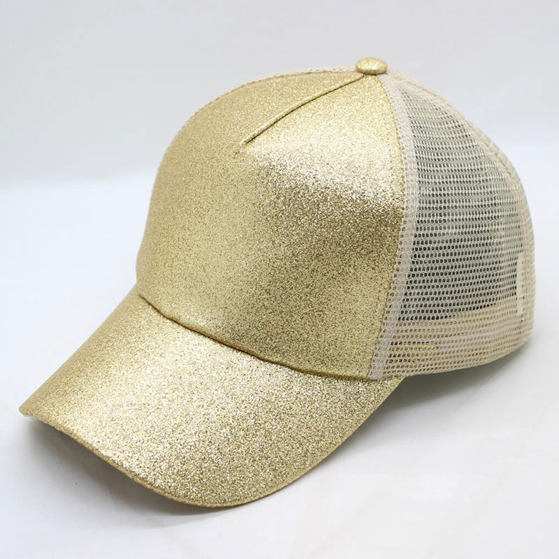 Damehat glitter høj hestehale hul kasket 5 #39 mesh trucker baseball cap guld sølv hvid sort pink brun blå: Guld