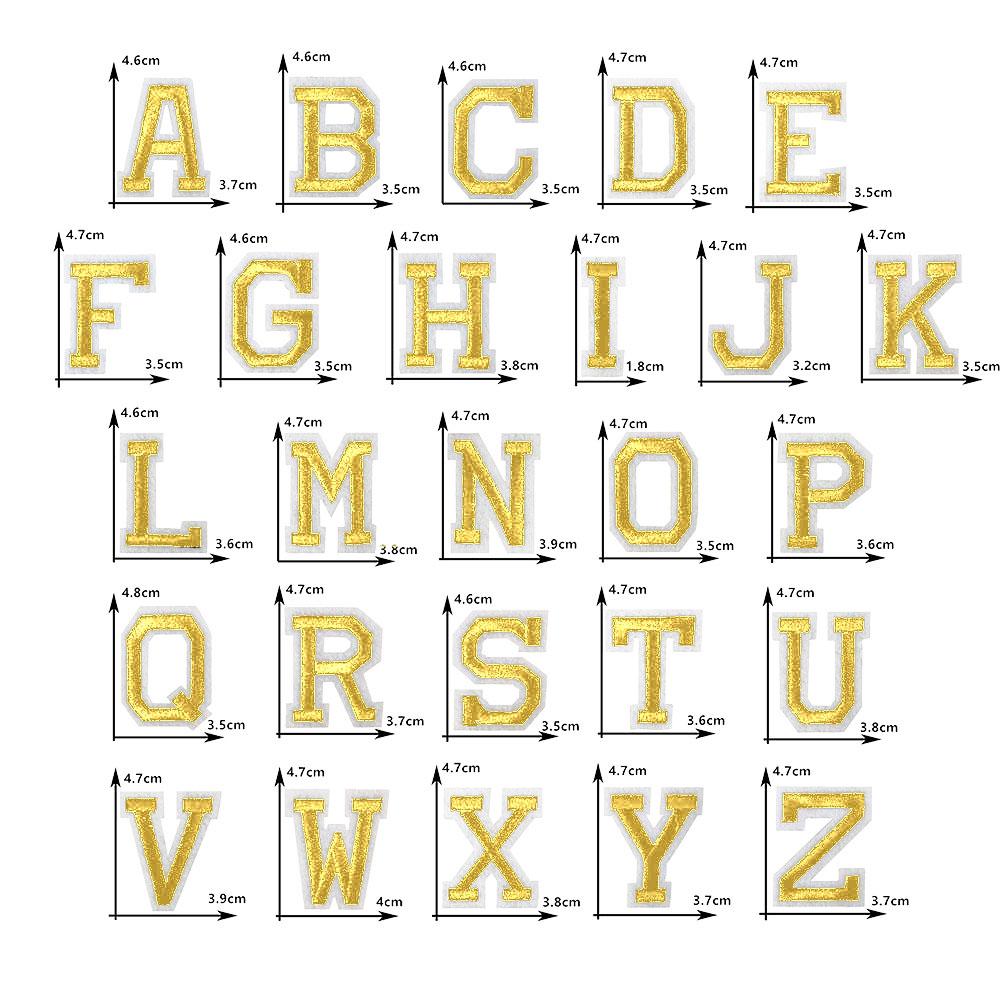 Parche bordado para planchar adhesivo termofusible con 26 letras doradas en inglés, parche decorativo para costura DIY para ropa