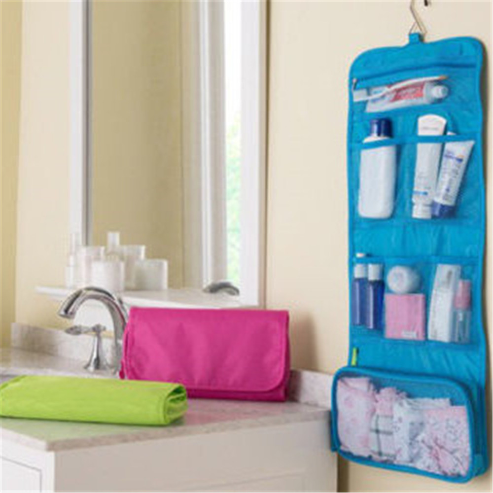 Hanging Travel Cosmetic Toiletry Bag Women Cosmetic Organizer Pouch Hanging Wash Bags Travel Polyester Zipper Cosmetic Case: Blue