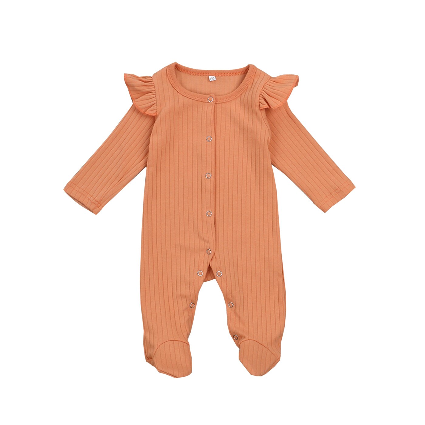 Combinaisons à pieds pour bébés unisexes, combinaisons pour bébés filles et garçons, chaussons côtelés, manches longues à volants, couleur unie, pyjama une pièce tricoté: Orange / 3M