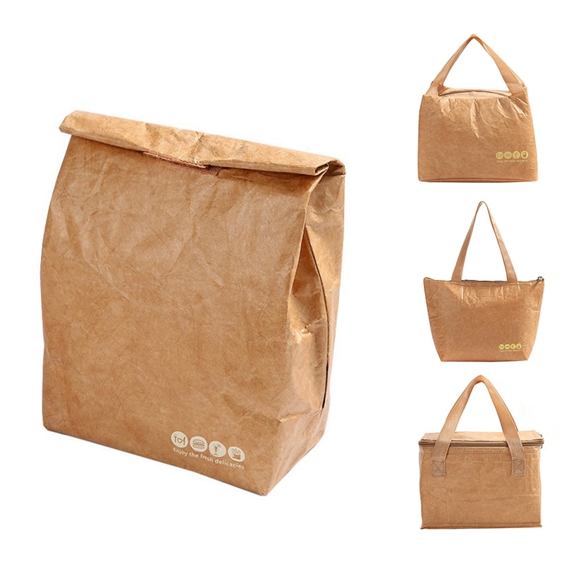 Reusable Brown Paper Lunch Bags Insulated Lunch Box DuPont Paper Aluminum Film Picnic Ice Bags