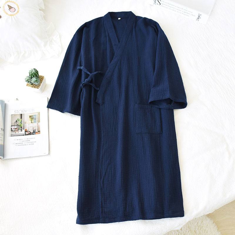 Couple Robes Cotton Men and Women's Home Wear Bath Robe Plus Size Sleepwear Bathrobe Thin Long Kimono Robe Sleep Wear: Women Navy / M