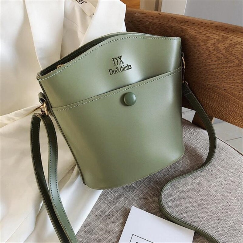 Women leather cross body bucket bag zipper green letter messenger crossbody shoulder bags for women clutch purse bolsos: Green