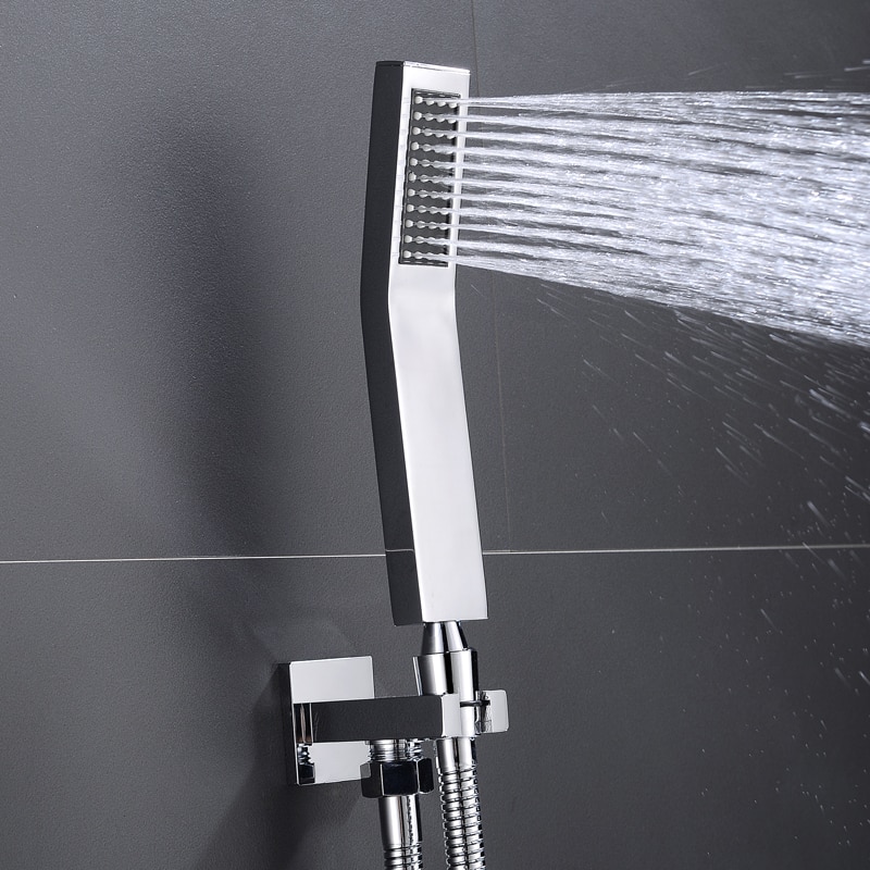 Square Solid Brass Chrome Hand Held Shower Head With Wall Connector and Stainless Steel Shower Hose