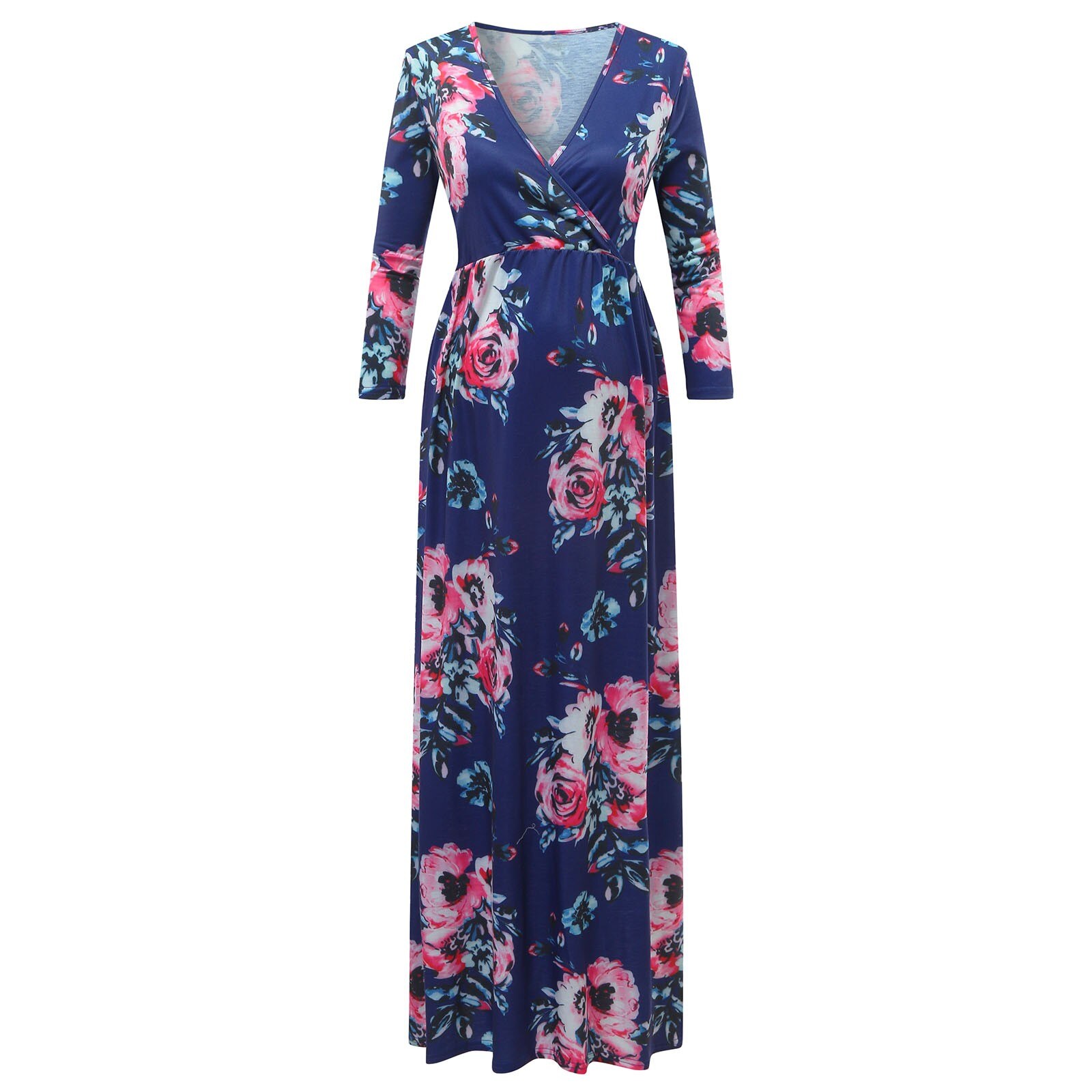 Vestido de maternidad para mujer, vestido largo informal de manga 3/4 con cuello en V, estampado de flores para embarazo