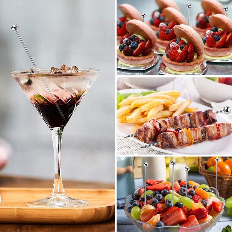 Cocktail Pick Cocktail Stick Stainless Steel Fruit Stick Drink Stirring Sticks Martini Picks Circle Ball Hat Shape Accessories