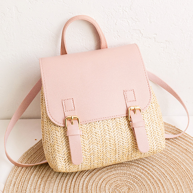 Vintage Straw Backpack Women's Shoulder Bag Versatile Straw Woven PU Leather Luxury Small Backpack: Pink