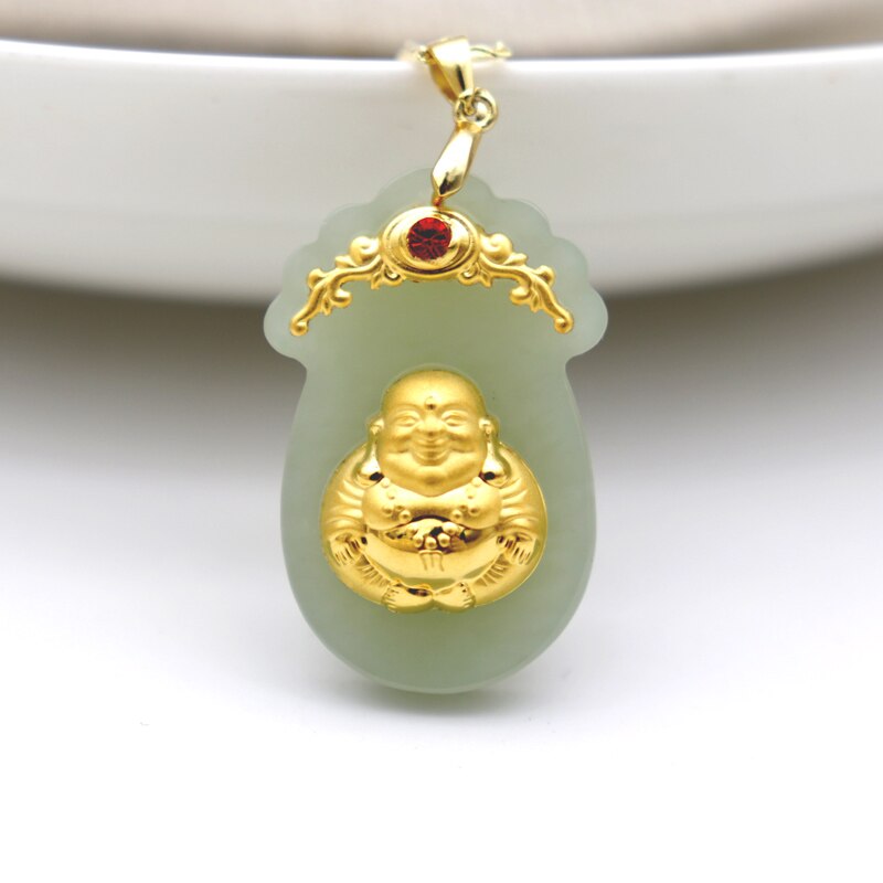 Natural Men Women Good Lucky Hetian Jades Necklace 24K Gold Carved Smiley Face Buddha Inlaid Rhinestone Amulet Buddhist Pendant