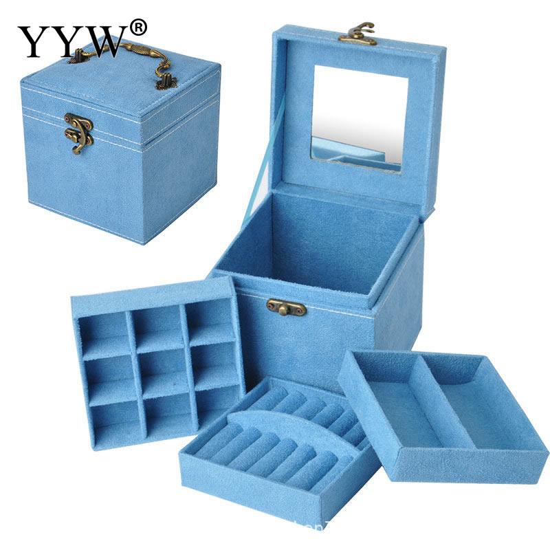 12x12x12cm Vintage Velvet Three-Tier Jewelry Box Multideck Storage Cases with Wood Mirror Wedding Birthday: 10