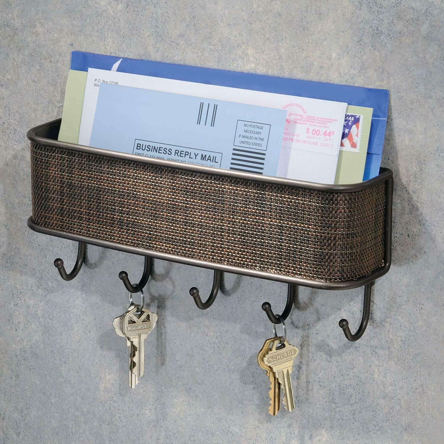 Key Holder Mail Rack Wall Mount Hooks Entryway Mail Organizer Rack Letter Sorter: Bronze