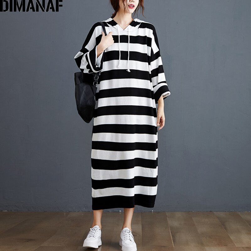 DIMANAF-vestido para mujer en tallas grandes estampado de otoño algodón rayado con capucha, ropa femenina, informal, suelto, manga larga