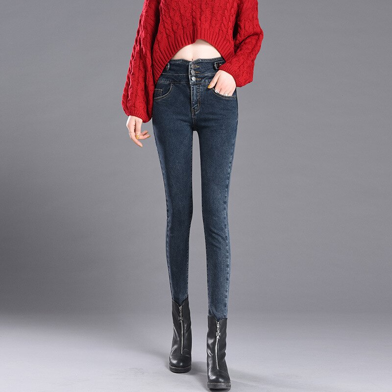 Elastische taille drierijige jeans dames hoge taille skinny koreaanse denim potloodbroek stretch jeans plus size