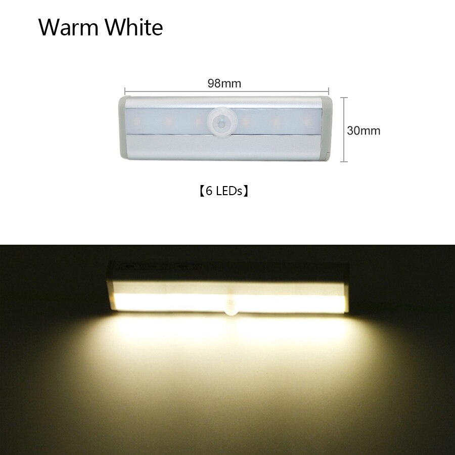 Led Kast Licht Draadloze Onder Kast Verlichting PIR Motion Sensor DC3V-6V Batterij Operated Universele Garderobe Licht Keuken Lamp: 6 LEDs Warm White