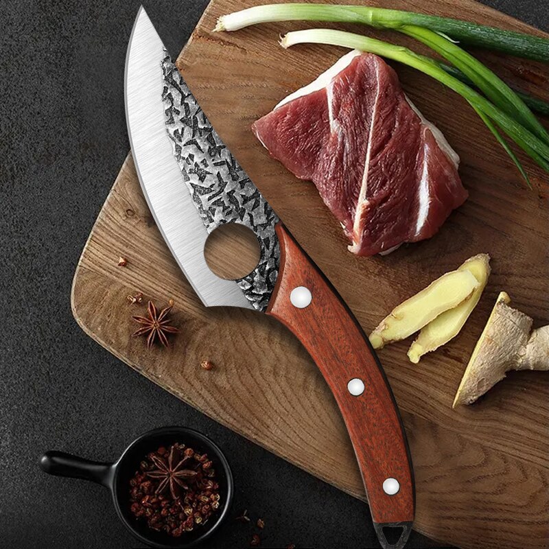 5.5 Inch Meat Cleaver Hand Forged Boning Knife Serbian Chef Knife Stainless Steel Kitchen Knife Butcher Fish Knife: D with knife cover