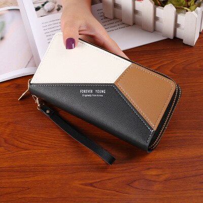 Dubbele Rits Vrouwen Portemonnee Pu Leer Rood Blauw Roze Zwart Kaarthouder Lange Vrouwelijke Portemonnee Kleuraanpassing Mobiel Bag Lady 2022: Long black