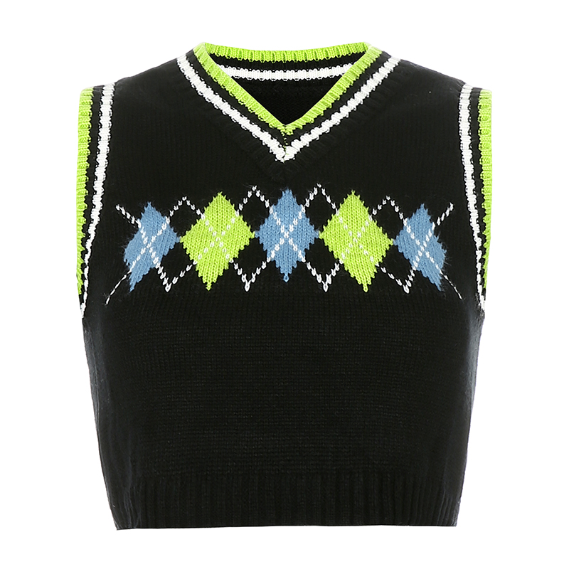Colorful Argyle Plaid Knitted Sweater Vest Women Preppy Style Streetwear 90s Retro Striped Patchwork Sleeveless Knitwear: Black / M