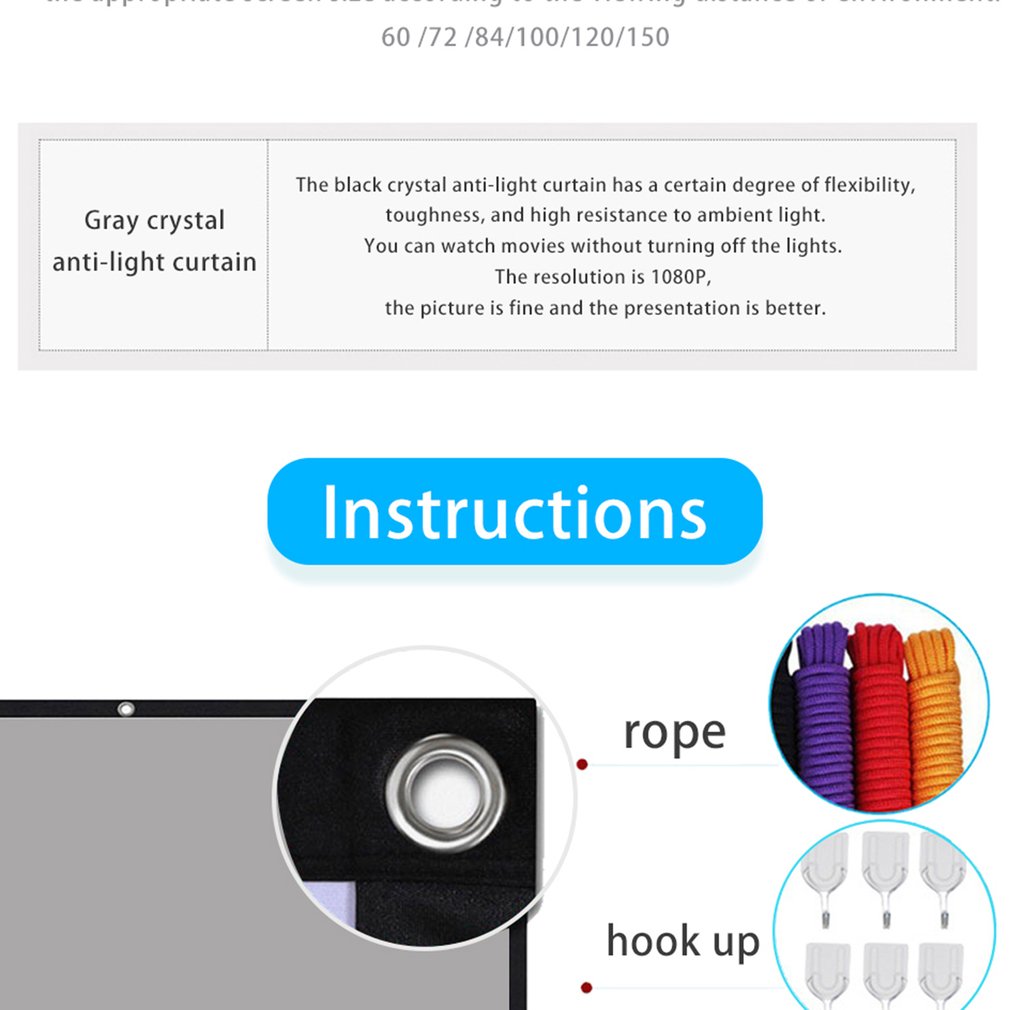 Metal Anti Light Curtain 110 120 Inches HD Projection Screen Foldable Portable Movie Screen Portable Projector Giant Screen