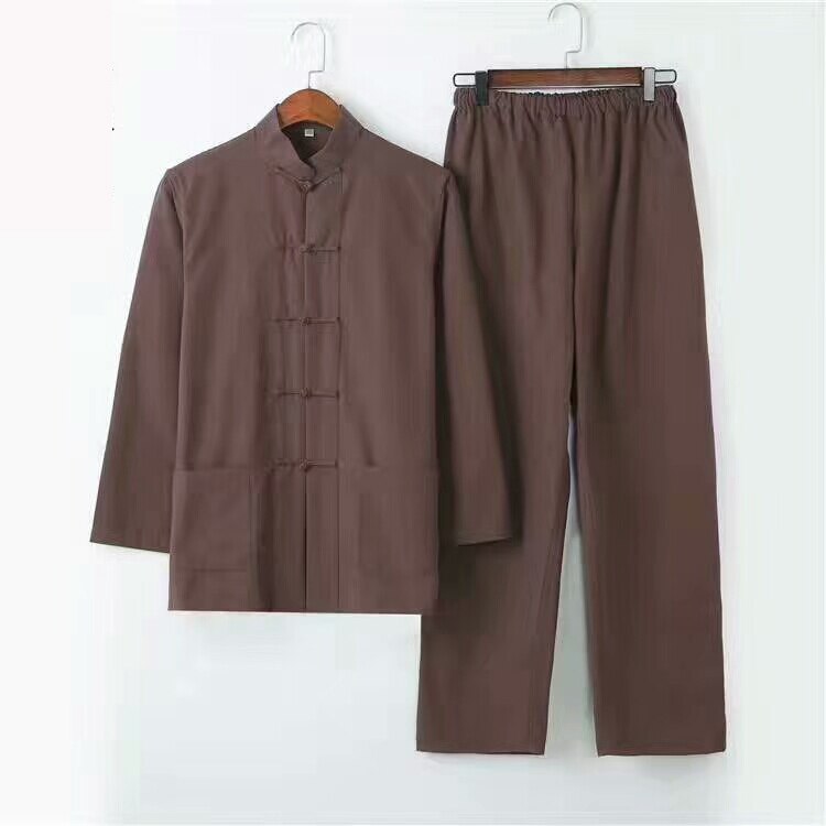 Mannen Effen Kung Fu Pak Chinese Traditionele Mannelijke 100% Katoen Losse Tai Chi Sets Jas + Lange Broek 2pc: coffee
