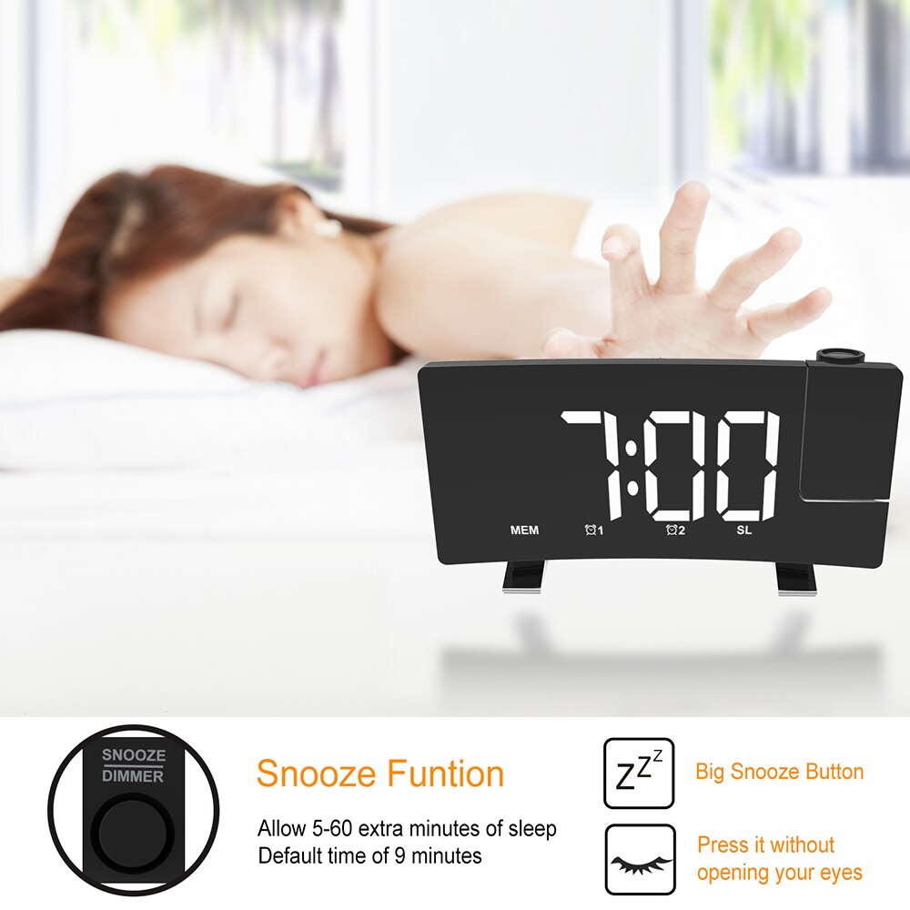 HOOMIN Digital LED Clock Rotating Backlight Projector FM Radio USB Projection Backlight Snooze Alarm Clock Timer