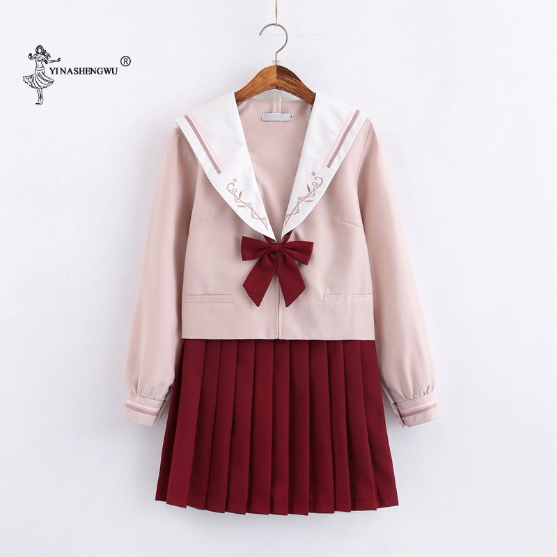 Lange Mouwen Jk Uniformen Japanse Matrozenpakje Schooluniform Cosplay Student Jk Academy Kleding Wijn Rode Rok Plooirok: L